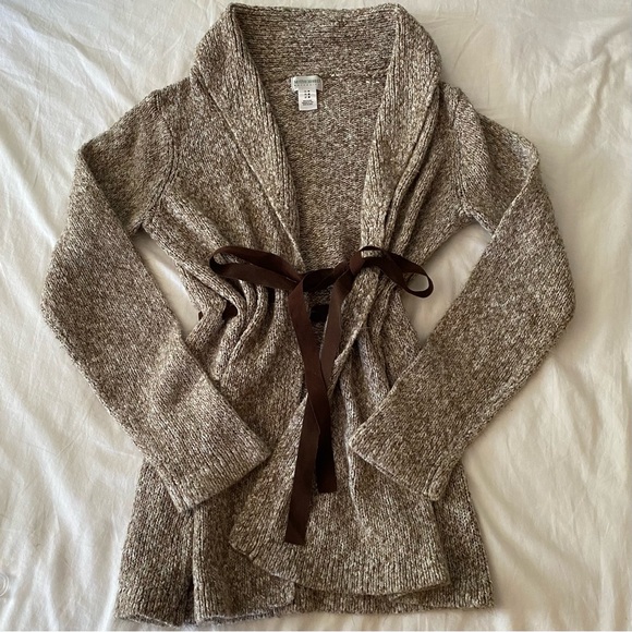 Motherhood Maternity Cardigan Sweater Women’s Size M Brown Heather Bow Belt Open - Picture 1 of 6